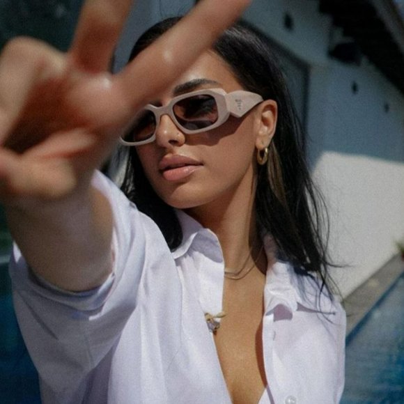 Prada PR17WS VYJ6X1 Sunglasses Powder Beige Brown Rectangle Unisex - Picture 11 of 12